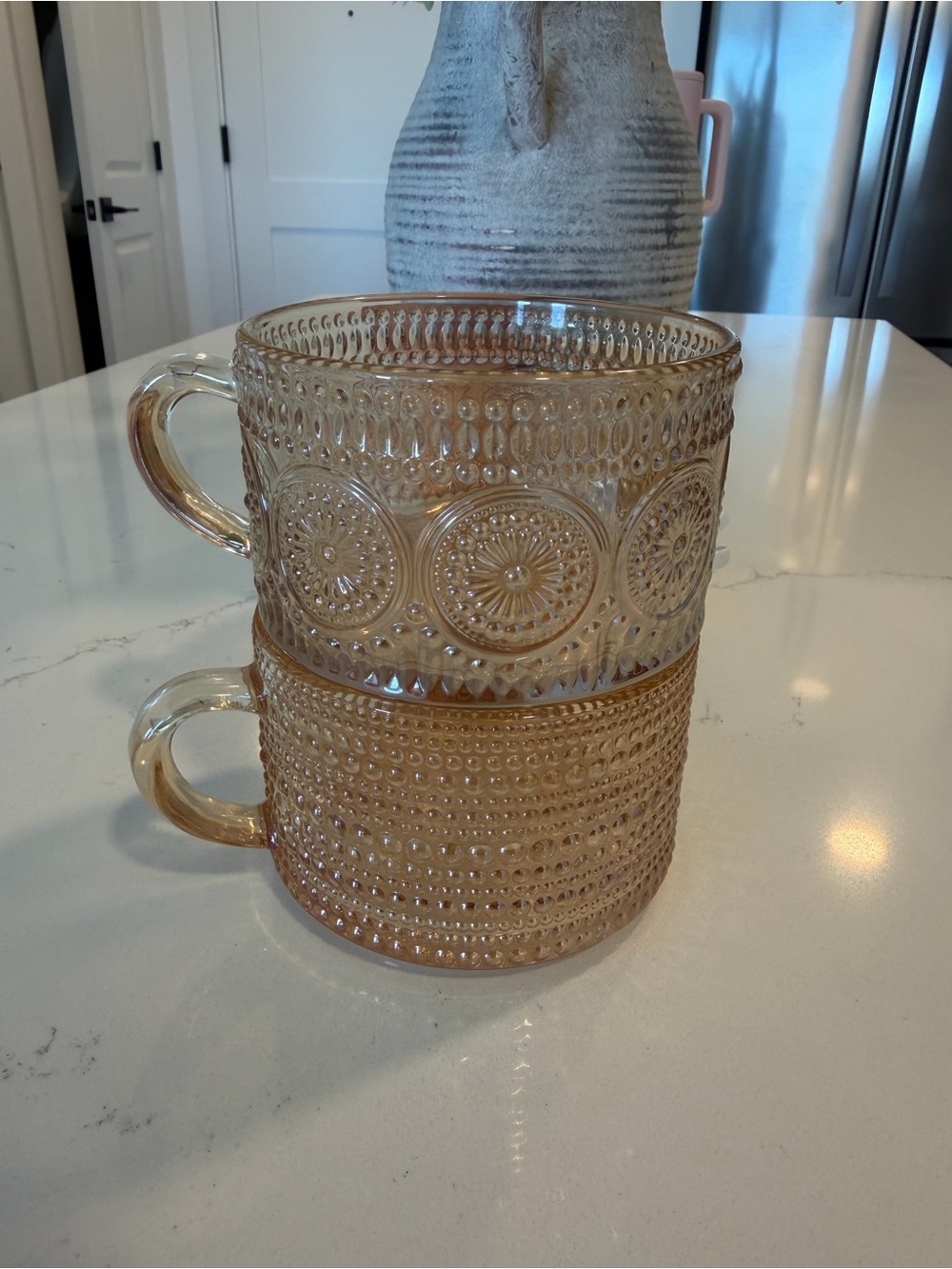 Amber Pressed Glass Mug Set - Decorative Vintage-Style Cups
